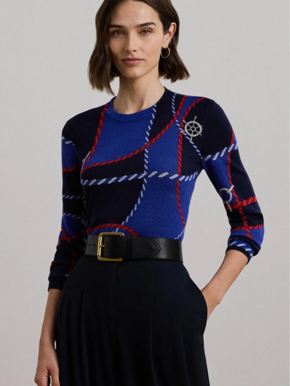 NWT Lauren Ralph Lauren Rope Print Cotton-Blend Crewneck Sweater - XSP
